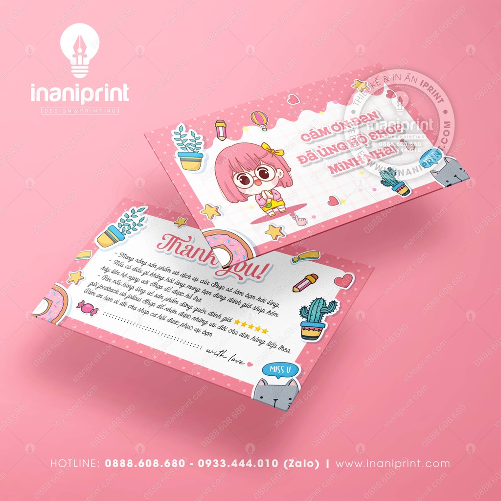 Card cám ơn, thiệp cám ơn, giấy cảm ơn cô gái màu hồng - 020