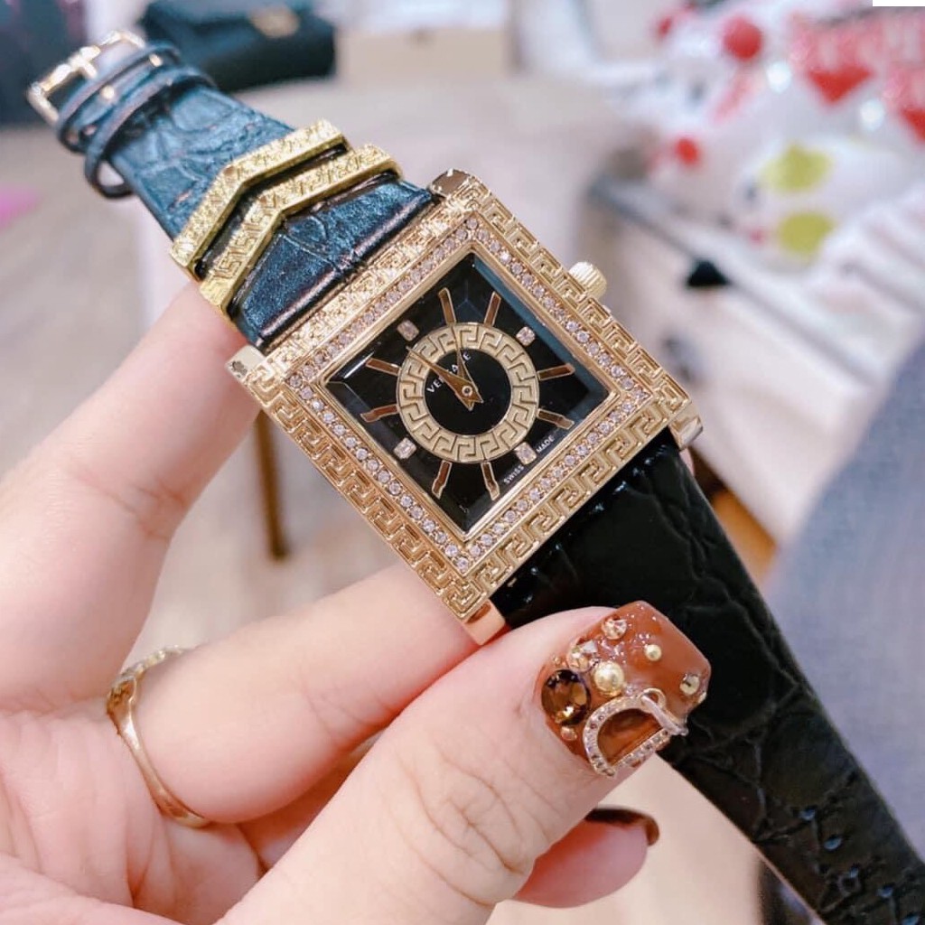 Đồng hồ nữ VS dây da mặt vuông đính đá - Có hộp bảo hành hình thật