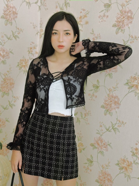 Áo cardigan ren tay dài hồng pastel và đen DALLA SAIGON | BigBuy360 - bigbuy360.vn