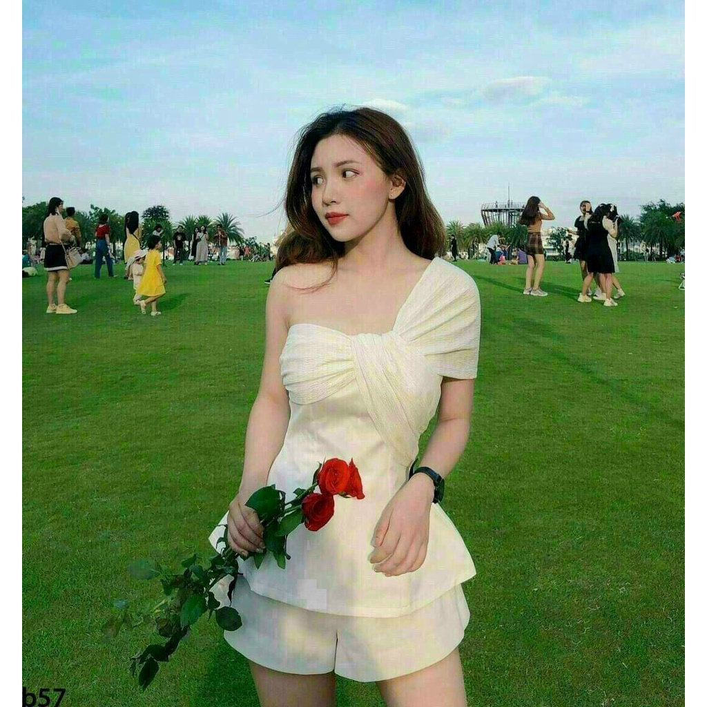 ( MIỄN PHÍ SHIP 2022) Set tiểu thư nữ áo kiểu lệch vai xòe, quần đùi nữ, quần short nữ