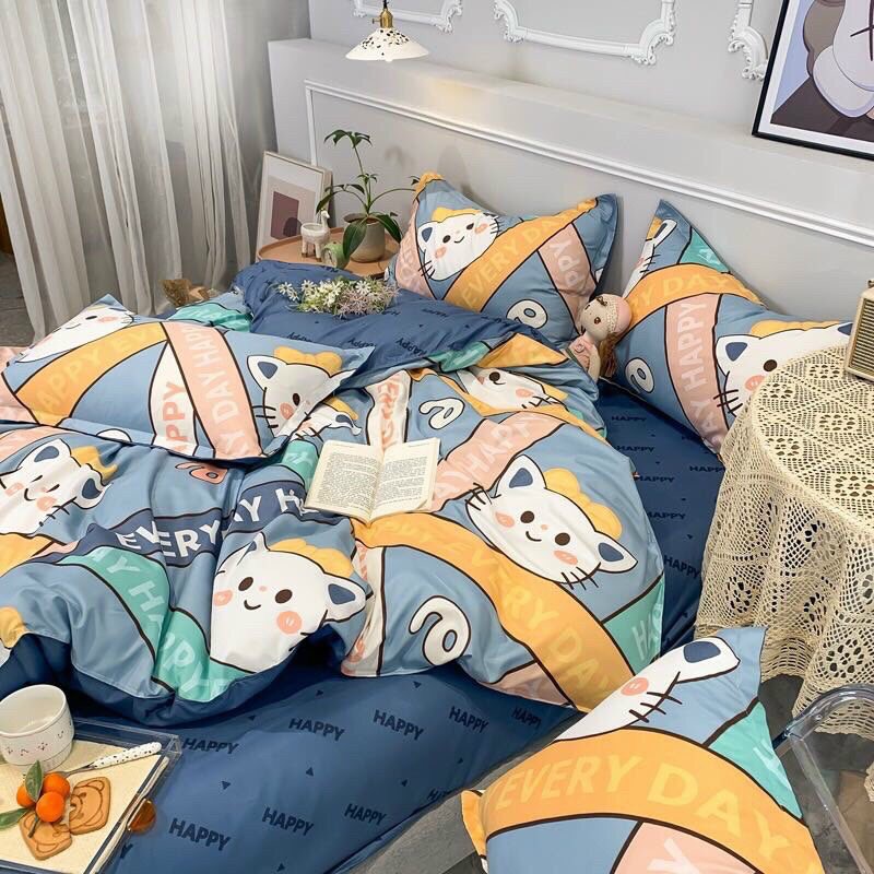 Bộ chăn ga gối Poly Cotton Mèo happy (Tặng vỏ gối ôm) - Miễn phí bo chun mọi kích thước