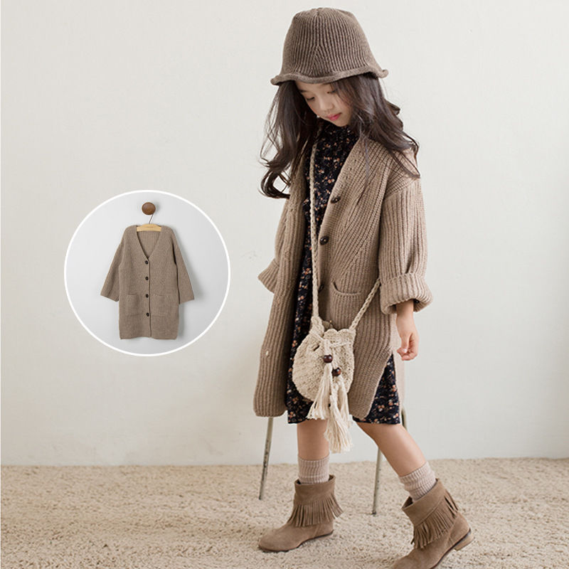 Áo Khoác Cardigan Dệt Kim Dáng Dài Phong Cách Hàn Quốc Cho Bé Gái