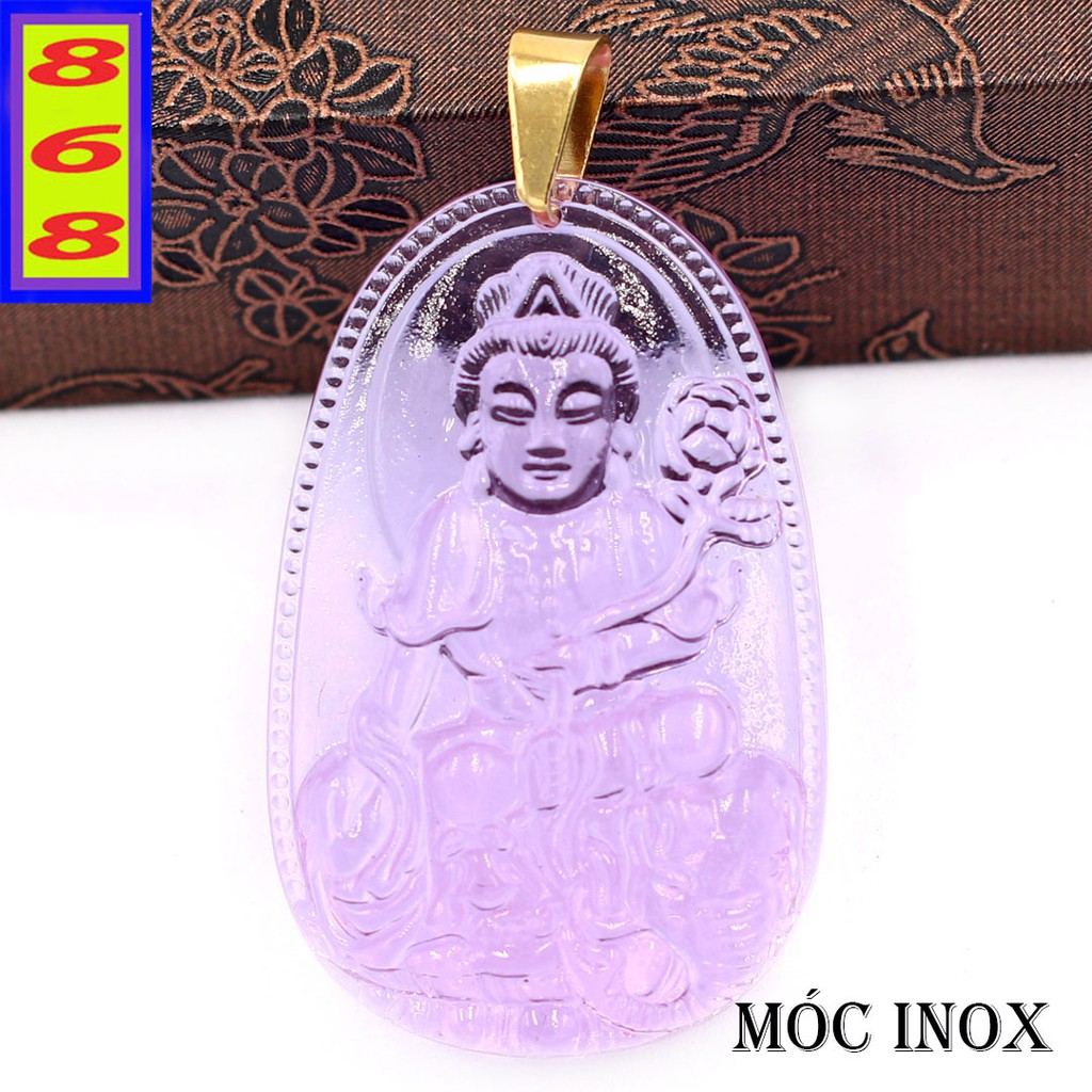 Mặt dây chuyền Phổ Hiền Bồ Tát pha lê tím size nhỏ 3cm - Phật bản mệnh tuổi Thìn, Tỵ - Móc inox