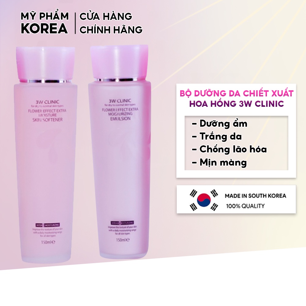 Bộ dưỡng trắng da dưỡng ẩm chiết xuất Hoa Hồng 3W Clinic giúp da mềm mại trắng sáng [Nước Hoa Hồng+ Sữa Dưỡng Da]