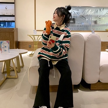 ZHELIHANGFEI Áo Thun Tay Dài Cổ Tròn Họa Tiết Kẻ Sọc Theo Phong Cách Retro Mỹ Dễ Phối Đồ