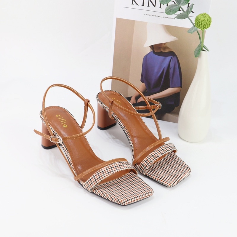 Giày sandal cao gót nữ vải bố họa tiết caro basic phối màu phong cách retro cổ điển gót cao 7cm Cillie 1108