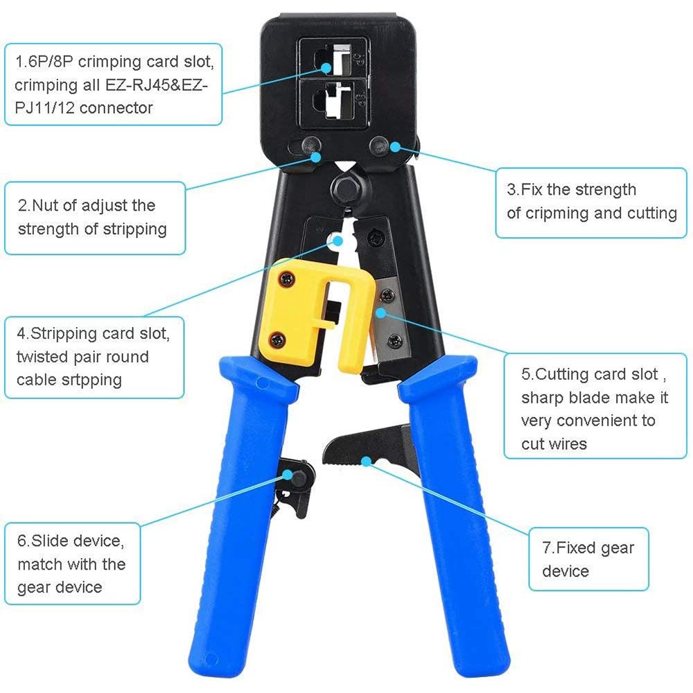 RJ45 Crimper Pass-qua/EZ RJ11/RJ12/RJ45 Máy cắt đầu nối Vũ nữ thoát y CAT5E/CAT6 Mạng công cụ uốn cong uốn cong công cụ uốn cong
