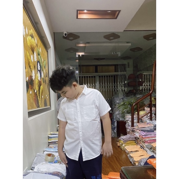 Áo sơ mi ngắn tay bé trai, Áo thô vải kiện Hàn Quốc size 18-50kg
