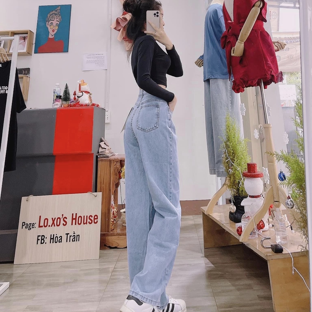 Quần jean ống suông nữ lưng cao cạp cúc dáng rộng chất bò size S M L | BigBuy360 - bigbuy360.vn