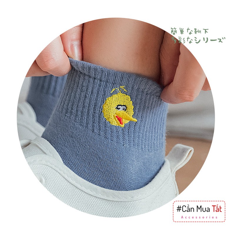 Tất nữ cổ ngắn trơn màu thêu hình cá tính, vớ nữ cổ ngắn chất cotton co dãn thoáng khí cao cấp 86139