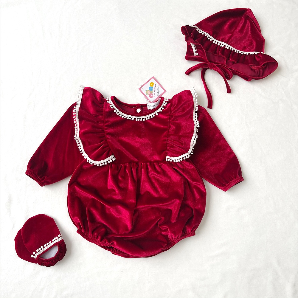 Body sơ sinh bé gái Nina Kids Boutique Đồ em bé Đầy tháng Noel Tết Chất nhung Màu đỏ đô Size 0m 24m Kèm mũ và giày vải