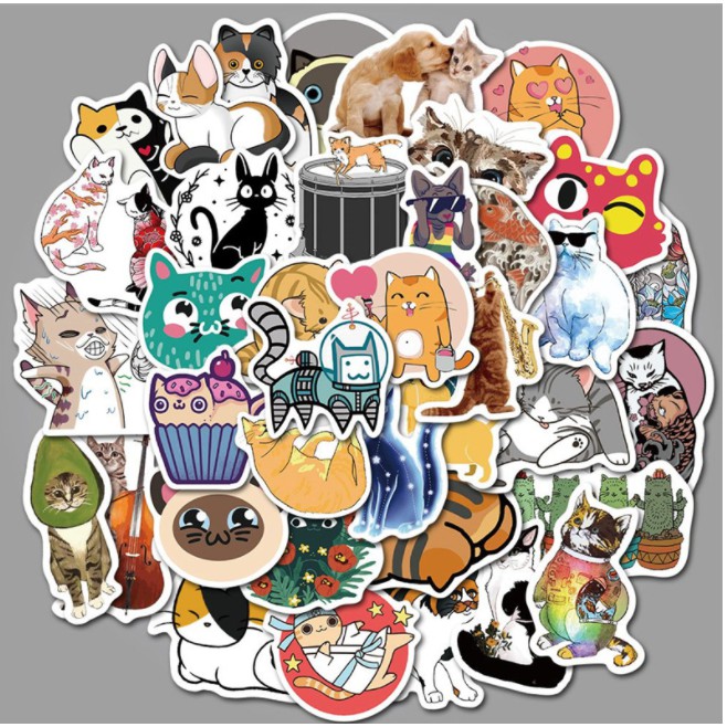 Combo Sticker MÈO CUTE nhựa PVC không thấm nước, dán nón bảo hiểm, laptop, điện thoại, Vali, xe