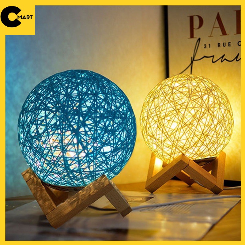 Đèn Ngủ Để Bàn LED Cầu Mây Đan Trang Trí Phù Hợp Cho Phòng Ngủ