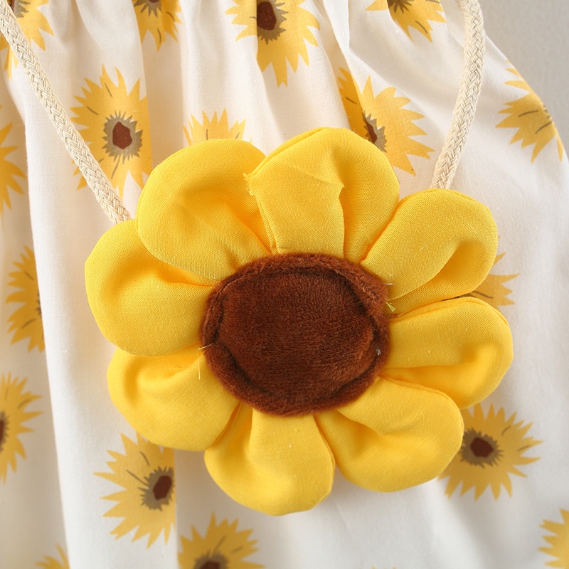 Váy  hình hoa hướng dương cổ búp bê tay ngắn có túi thời trang mùa hè cho bé gái 1-5 tuổi