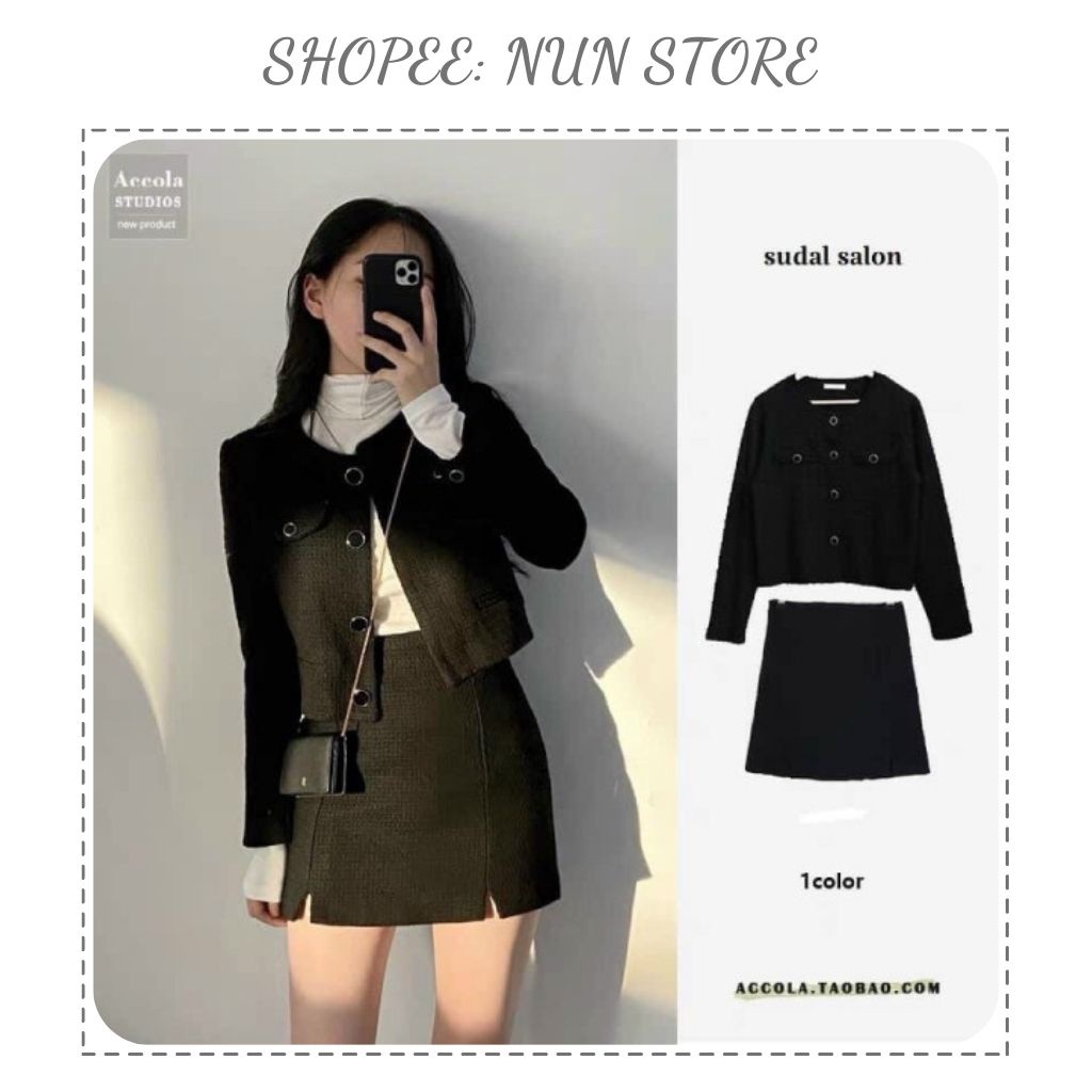 Set dạ TWEED Cao Cấp màu đen mix chân váy xẻ tiểu thư sang chảnh cho mọi cô gái