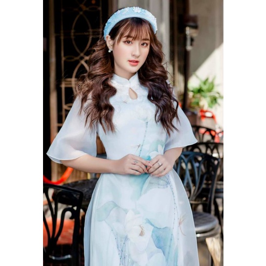 Áo dài tơ óng mềm cách tân tết 4 tà hoạ tiết thiên nga đính kết lấp lánh thiết kế tay loe trẻ trung tôn dáng