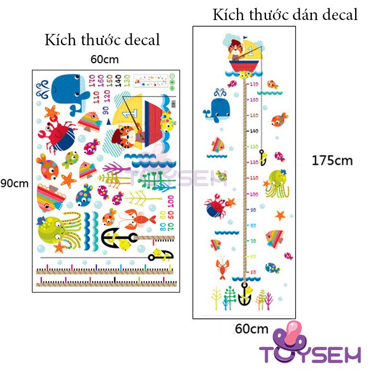 Decal đo chiều cao hình cá biển Toysem dán tường cho bé - Quà tặng sinh nhật