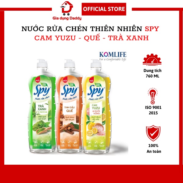 Nước rửa chén bát hương Quế Trà xanh Gừng xả Cam yuzu SPY 760ml, Dầu rửa bát thiên nhiên 100% an toàn da tay khử mùi hôi