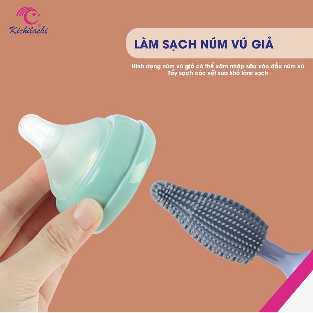 Cây Rửa Bình Sữa, Núm Vú, KICHI Quay 360 Độ, 1 Đầu Lớn, 1 Đầu Nhỏ ( Sợi Lông Cước Và Sợi Lông Silicon)