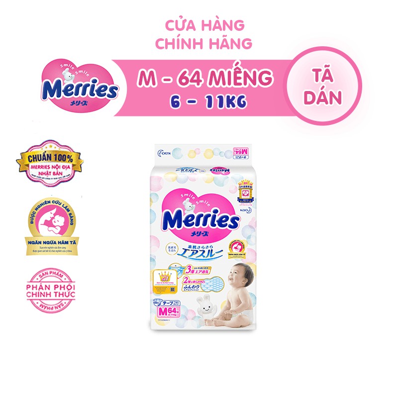 Tã/bỉm dán Merries size M - 64 miếng (Cho bé 6 - 11kg)