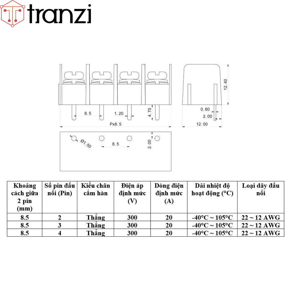 Cầu đấu 8.5mm DG8500 8.5 2P chân cắm thẳng xanh - túi 10 cái
