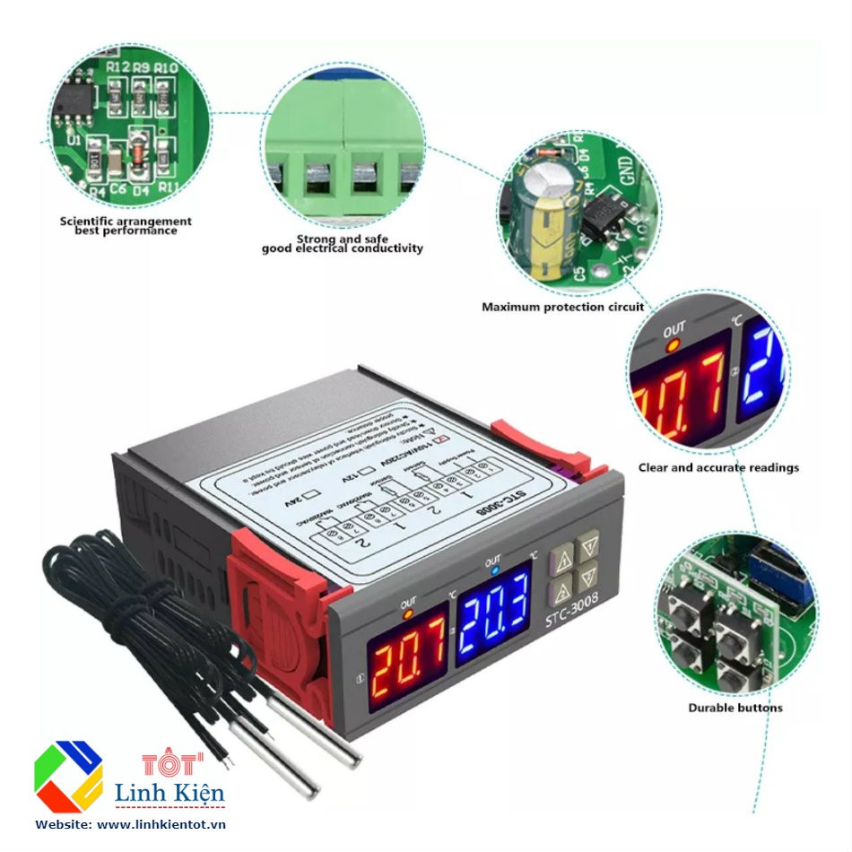 Bộ Điều Khiển Nhiệt Độ STC-3008 220V 10A - 2 Màn Hiển Thị, 2 Đầu Dò Nhiệt
