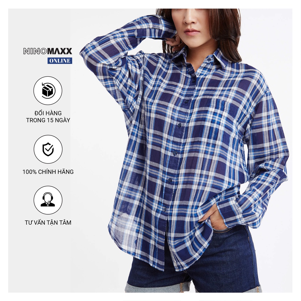 Áo Sơ Mi Nữ cổ bẻ Ninomaxx dài tay có sọc caro xanh dương 100% cotton mã 1911069