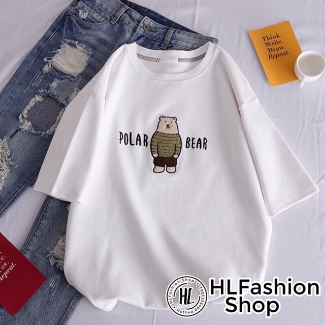Áo thun thêu gấu polar bear kèm ảnh thật