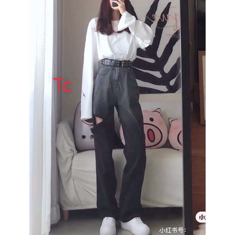 Quần bò ống rộng loang khói trơn và rách#quần jeans ống rộng loang trơn và rách | BigBuy360 - bigbuy360.vn