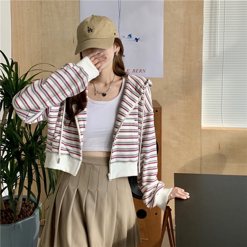 Áo Khoác cardigan Có Nón Dáng Rộng Ngắn Họa Tiết Kẻ Sọc Thời Trang Mùa Thu 2022 Mới