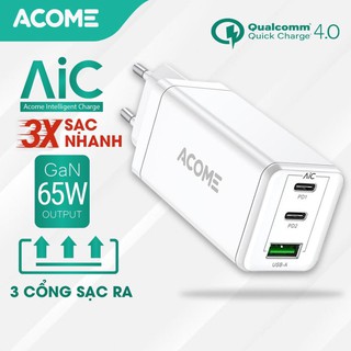 Adapter Cốc Sạc Nhanh 65W ACOME ACG03 2 Cổng Sạc PD 1 Cổng USB Công Nghệ Mới GaN Fast - BẢO HÀNH 12 THÁNG