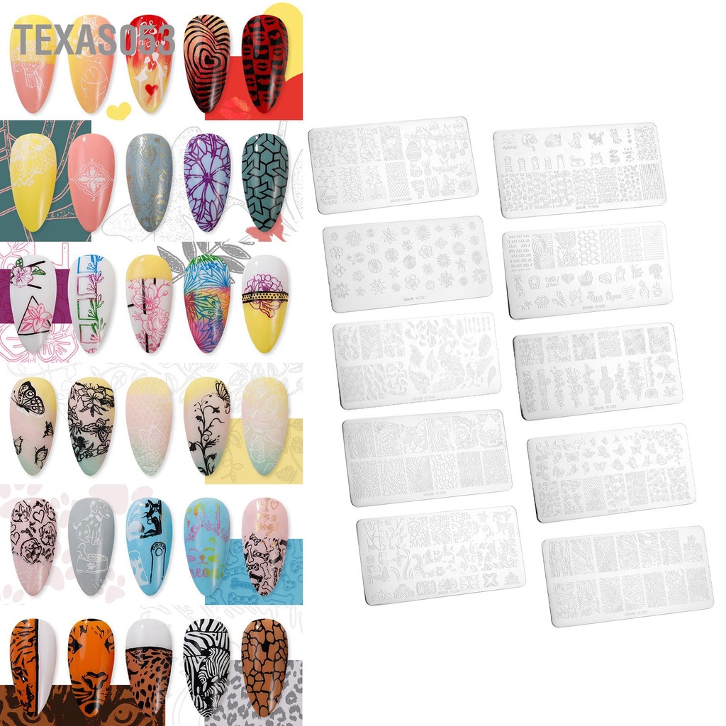 [Hàng Sẵn] Bộ 10 Tấm Khuôn In Họa Tiết Hoa Lá Bằng Thép Không Gỉ Trang Trí Móng Tay DIY Khuôn in nail【Texas053】