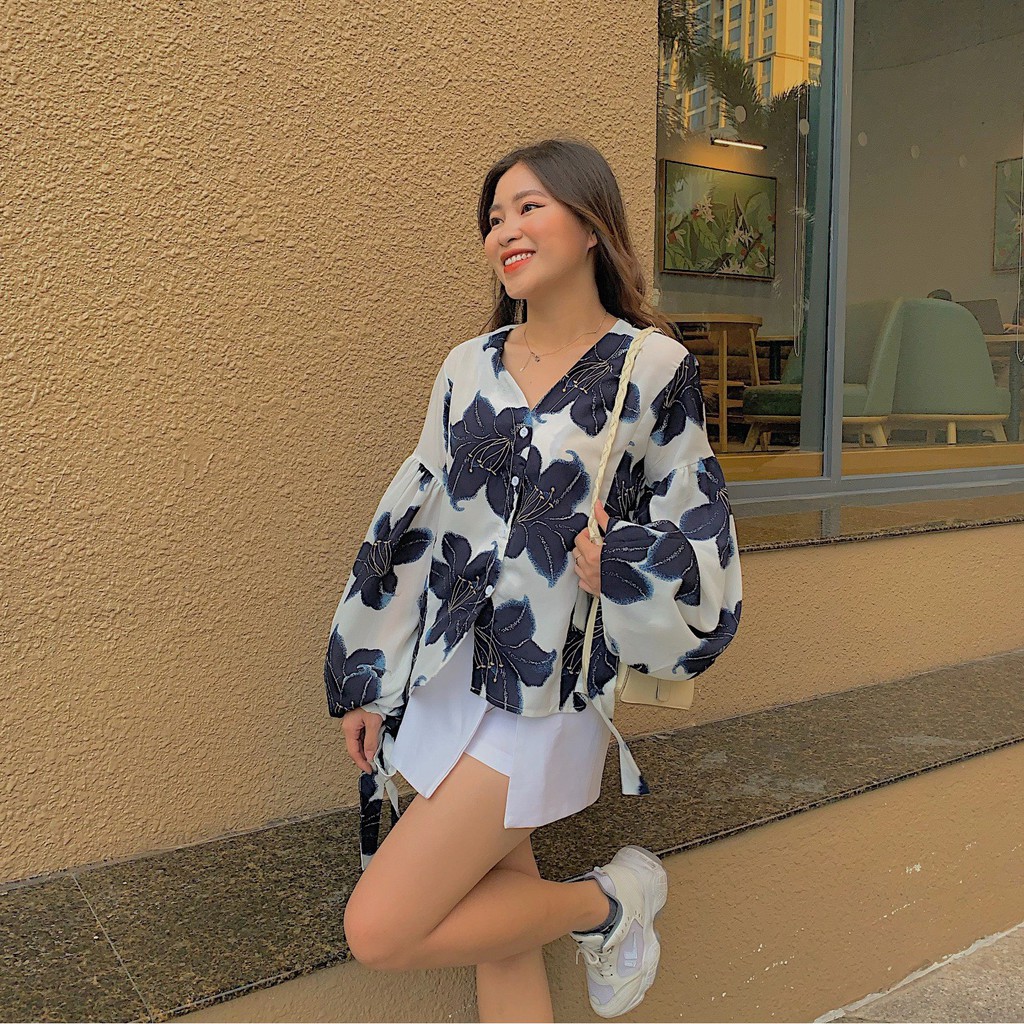 Áo kiểu nữ họa tiết hoa cổ V tay phồng dài tiểu thư nữ tính phong cách retro Hàn Quốc ulzzang