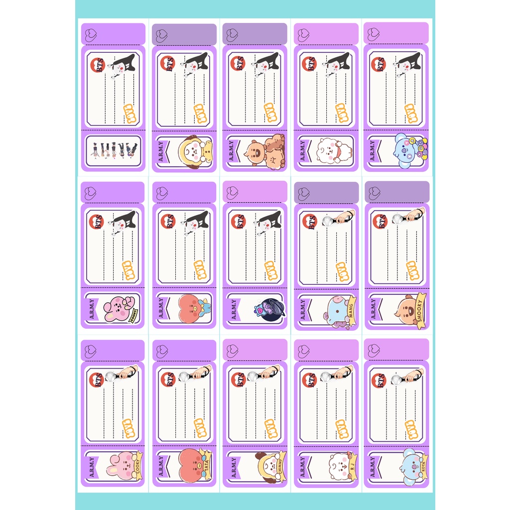 Set 15 Nhãn vở BTS thiết kế kiểu Tem phiếu độc đáo, có keo dán, decal mặt nhám. phong cách BT21, bts chibi