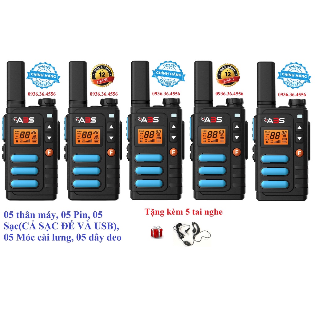 Bộ 5 Chiếc Bộ đàm Siêu nhỏ cao cấp 2 Phương thức Sạc ABS AB3688 (Hàng chính Hãng, Siêu Đẹp, Hỗ trợ Tắt/Bật rảnh Tay)