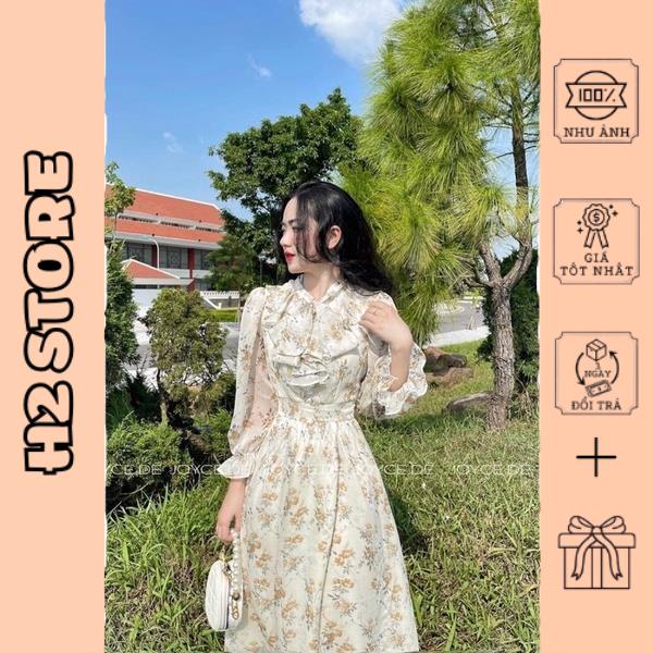 Váy hoa tơ bèo cúc ngọc cổ thắt nơ chun tay, váy maxi hoa