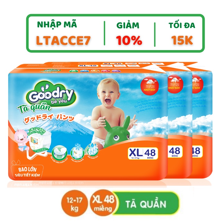 Combo 3 bịch tã quần Goodry XL48 (12-17 kg) - Công nghệ Nhật Bản thấm hút nhanh - Siêu mềm mại, khô thoáng