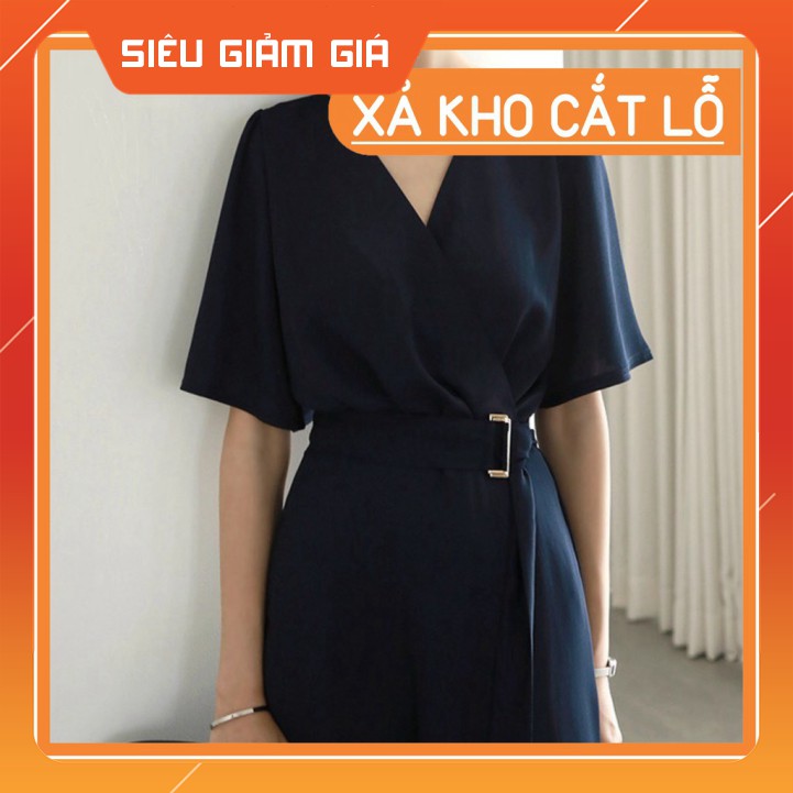 Váy cổ V công sở chất voan Hàn váy thiết kế đầm voan vạt chéo màu đen
