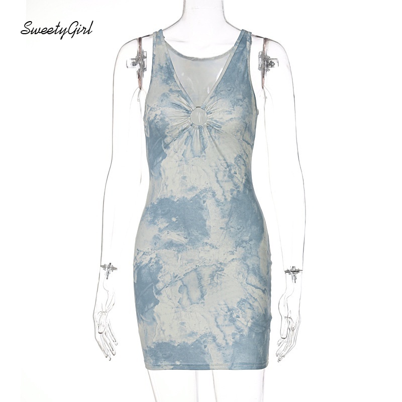 Đầm mini không tay cổ chữ V ôm dáng in họa tiết nhiều màu sắc thời trang cho nữ