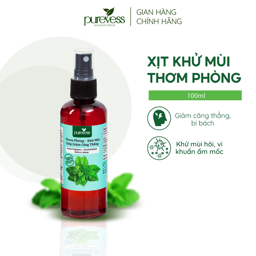 Bình xịt phòng tinh dầu Purevess hương bạc hà lục giúp thư giãn, thơm phòng đuổi muỗi dung tích 50ml, 100ml, 200ml