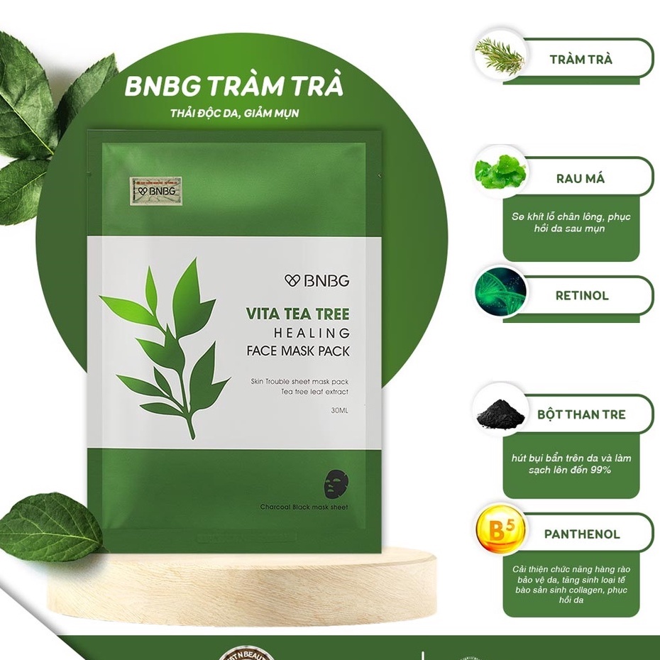 Combo 5 Mặt Nạ TRÀM TRÀ BNBG Giảm Mụn, Thải Độc Vita Tea Tree Healing Face Mask Pack 30mlx5