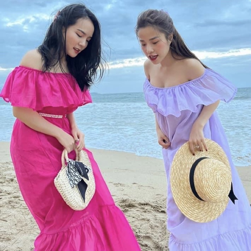 Váy đầm maxi đi biển  trễ vai dáng dài xoè đuôi cá đi du lịch MS015