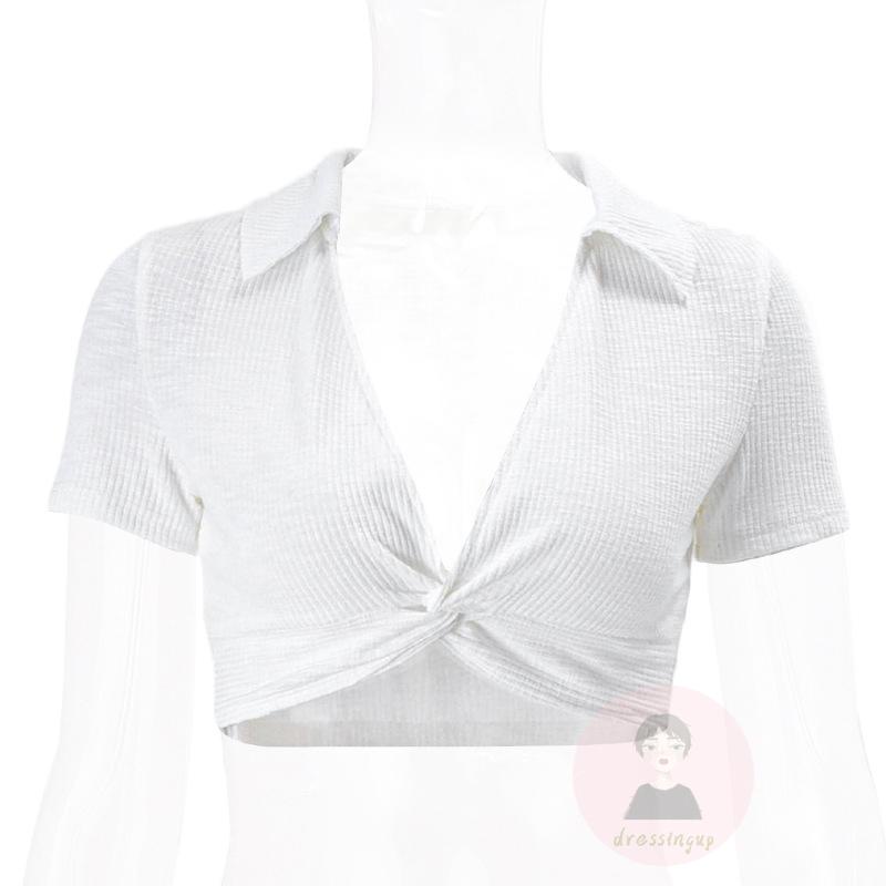 Áo Thun Ngắn Tay Cổ Bẻ Thắt Nút Màu Sắc Trơn Cho Nữ