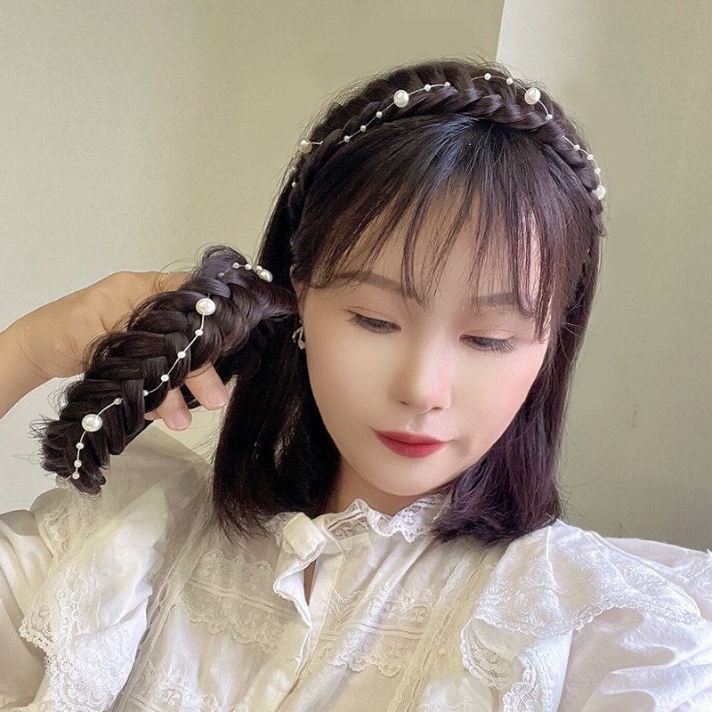 Băng Đô Kiểu Tóc Tết Đính Ngọc Trai Giả Bản Rộng Không Trượt Dành Cho Nữ