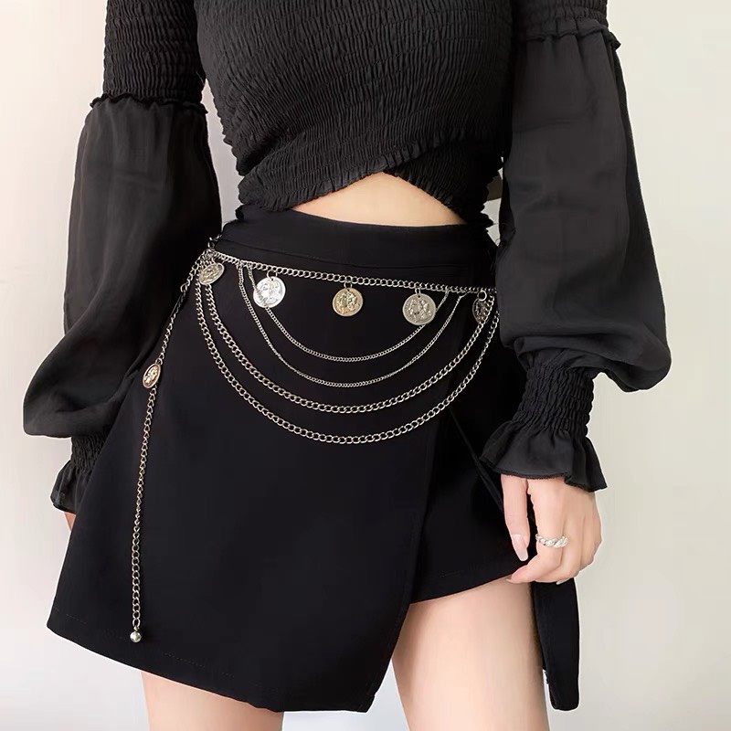 Xích thắt lưng váy 5 tầng Xích thắt eo hình xu trang trí sang chảnh 2 màu nữ tính