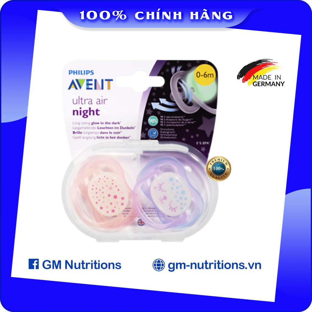 [ NỘI ĐỊA ĐỨC ] Núm ti giả thông khí Phillips Avent Ultra Air , Avent Ultra Air Night  Ti ngậm chống vẩu