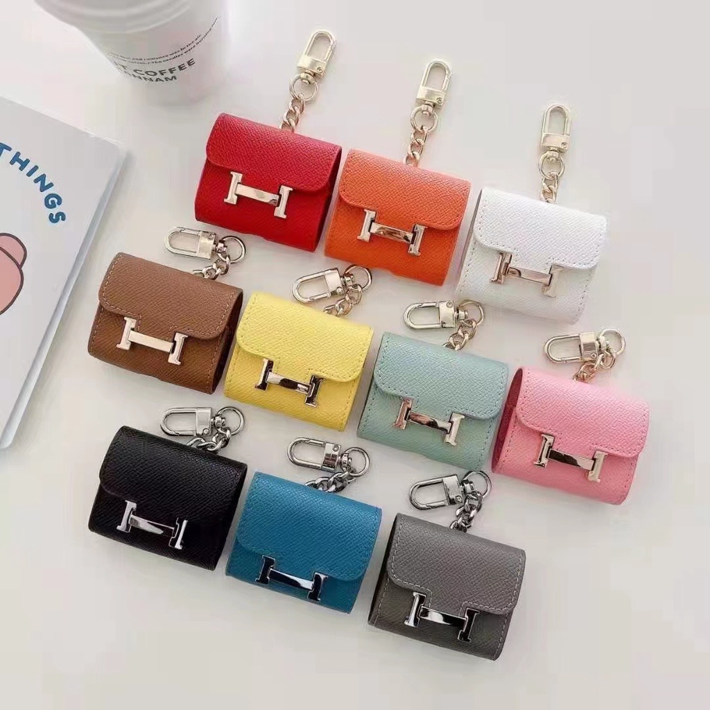Vỏ Bảo Vệ Hộp Sạc Tai Nghe AirPods 1/2/3 Pro Bằng Da In Logo Hermes Sang Trọng Thời Trang
