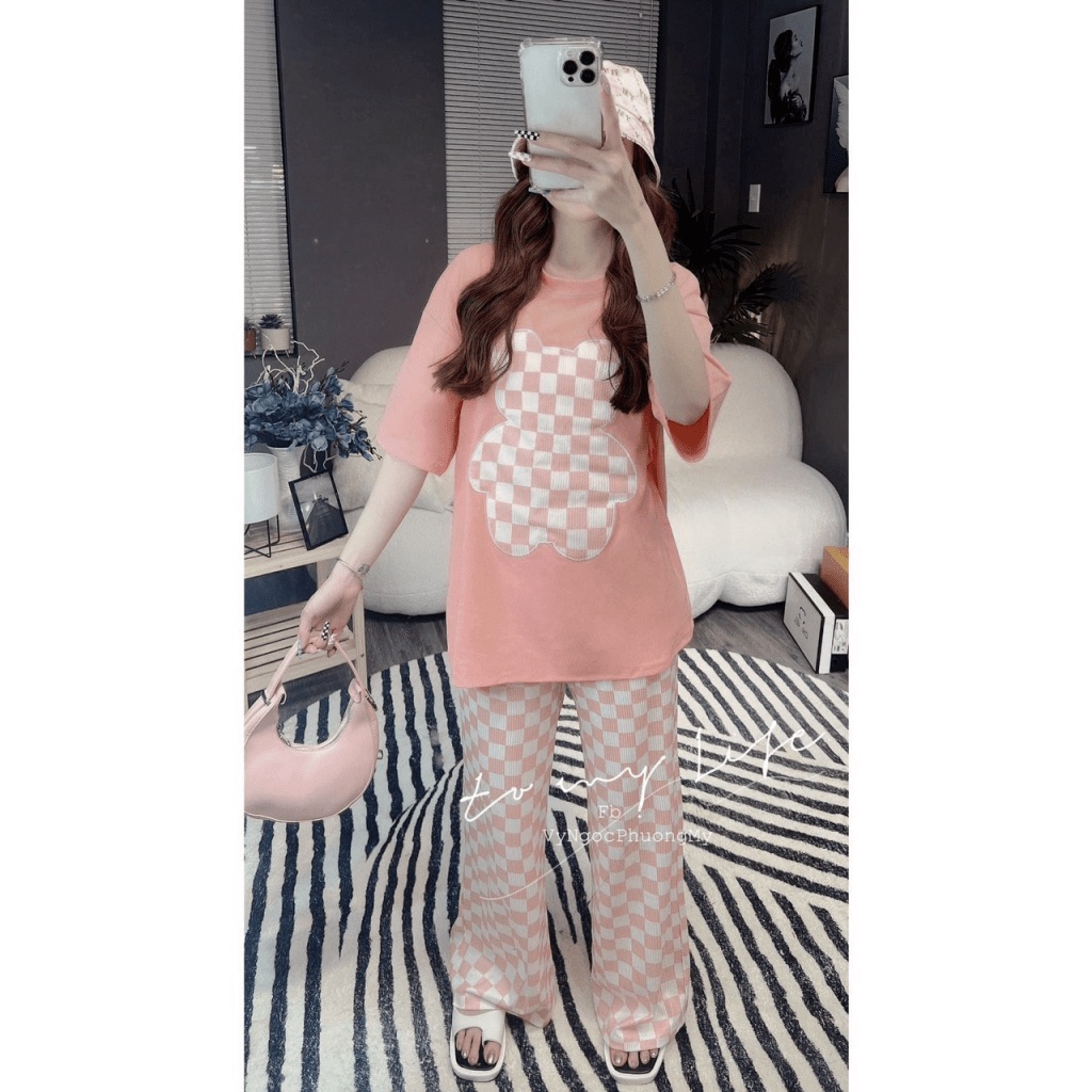 SÉT BỘ NỮ QUẦN DÀI ỐNG RỘNG CARO CHÚ GẤU NHIỀU MÀU SIU HOT MMF