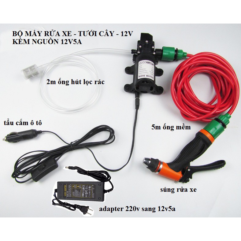 bộ rửa xe mini 12v kèm dây tẩu cắm ô tô và đổi nguồn 220v/12v5a