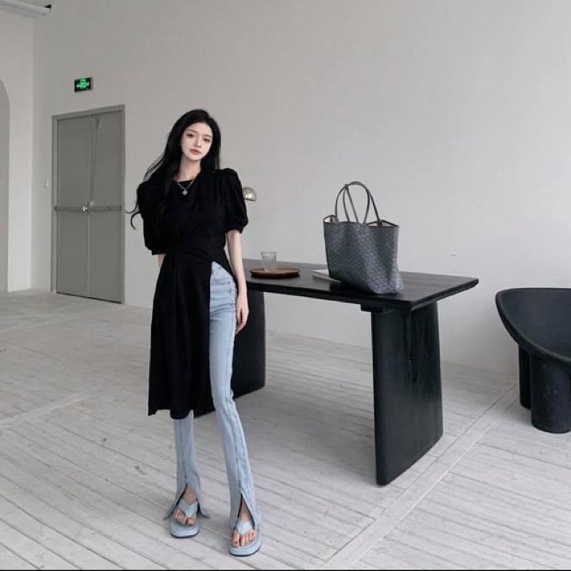 Áo thun form dài thiết kế cách điệu tay ngắn phồng suông xẻ tà trơn - Order taobao quảng châu